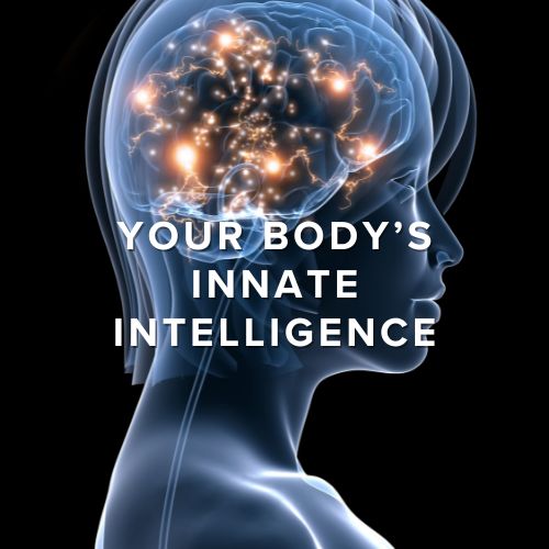 Innate Intelligence. Digital illustration of a human head with a glowing brain, emphasizing the body’s innate intelligence and how upper cervical care enhances neurological function, helping to relieve neck pain, vertigo, and back pain.